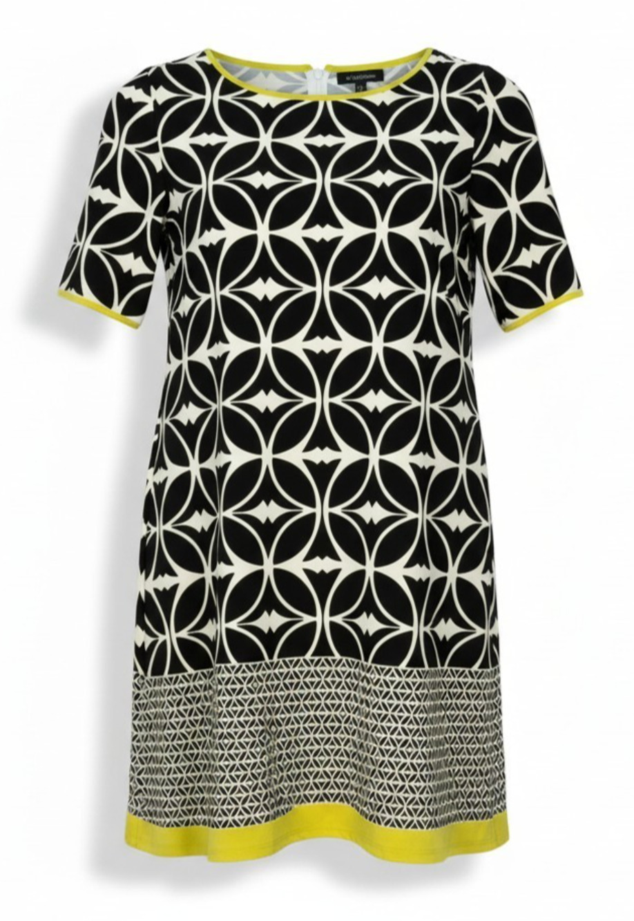 Tiana B Sz 8 Pullover Shift Dress Mod Geometric Print B&W Olive Jersey Knit